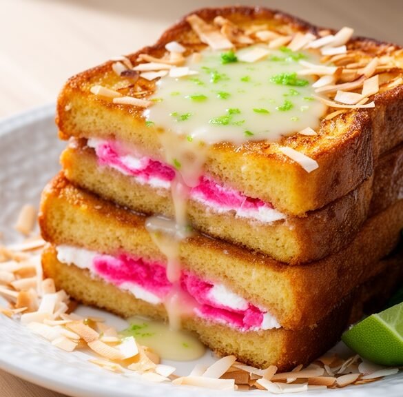 Tropical Guava Cream Cheese Stuffed Brioche French Toast with Coconut-Lime Syrup & Toasted Coconut