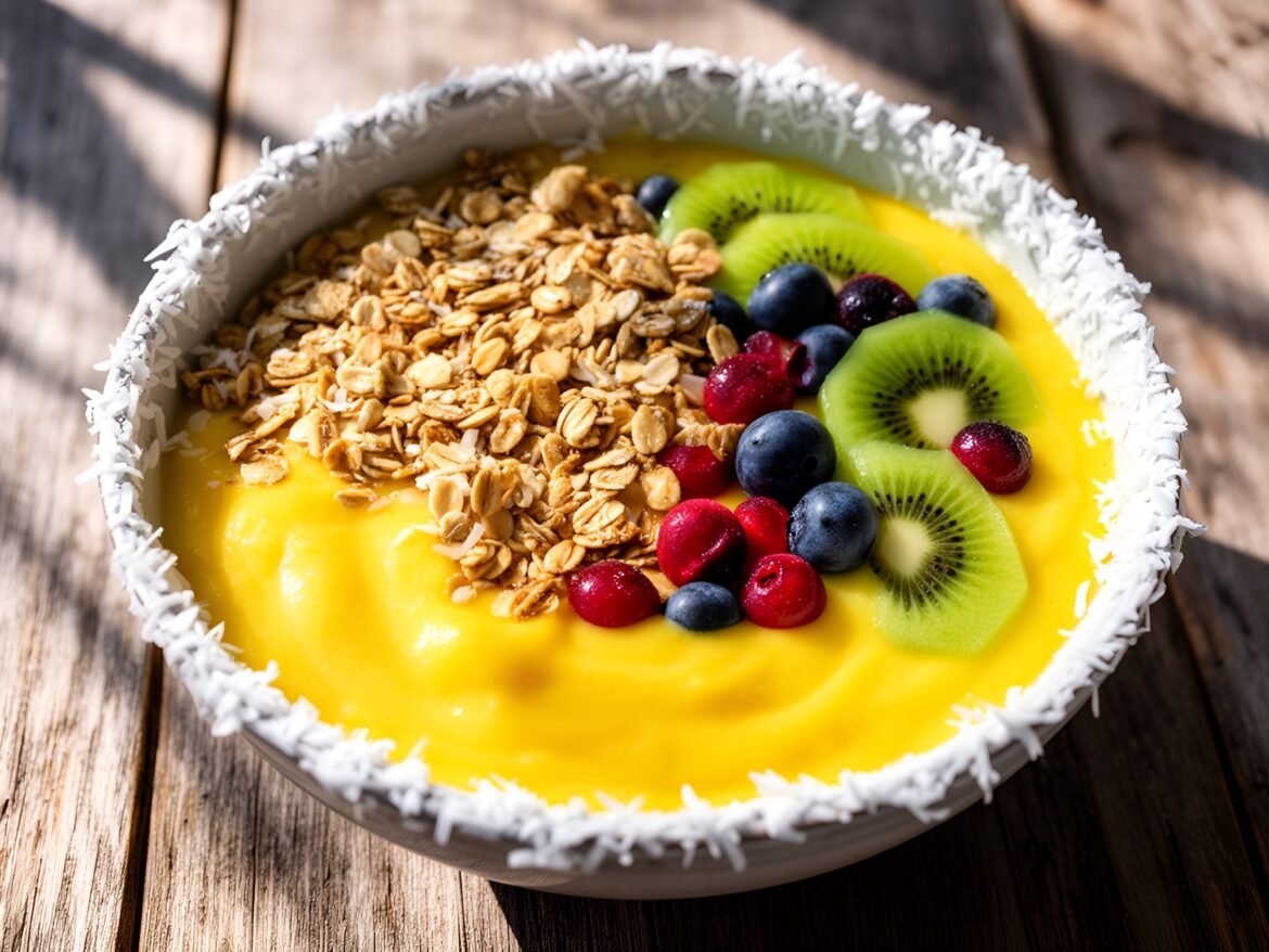 Tropical Mango-Coconut Sunrise Smoothie Bowl