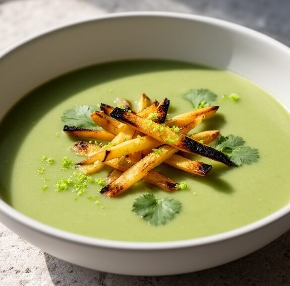 Velvety Avocado-Cilantro Soup with Lime-Charred Tortilla Strips