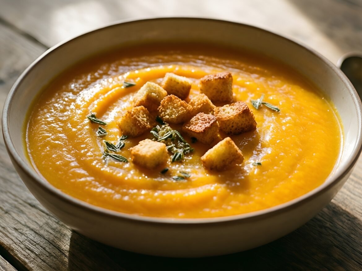 Velvety Butternut Squash & Apple Soup with Crispy Sage Croutons