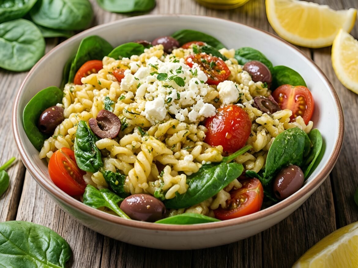 Zesty Mediterranean Orzo Salad with Spinach and Roasted Lemon Vinaigrette