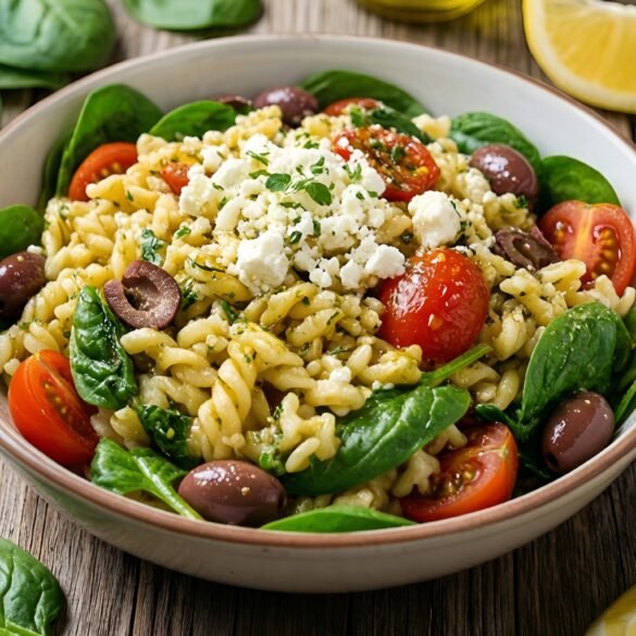 Zesty Mediterranean Orzo Salad with Spinach and Roasted Lemon Vinaigrette