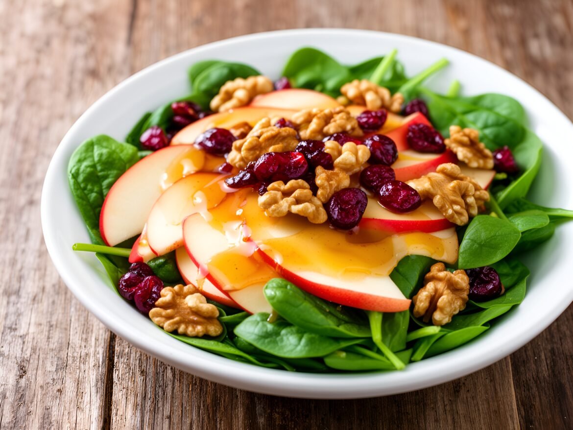 Autumn Apple-Cranberry Spinach Salad with Maple-Walnut Vinaigrette