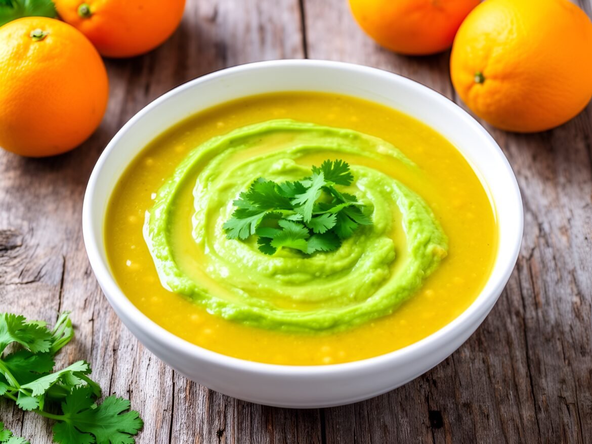 Bright and Creamy Sunkissed Citrus Chickpea Soup with Avocado Swirl