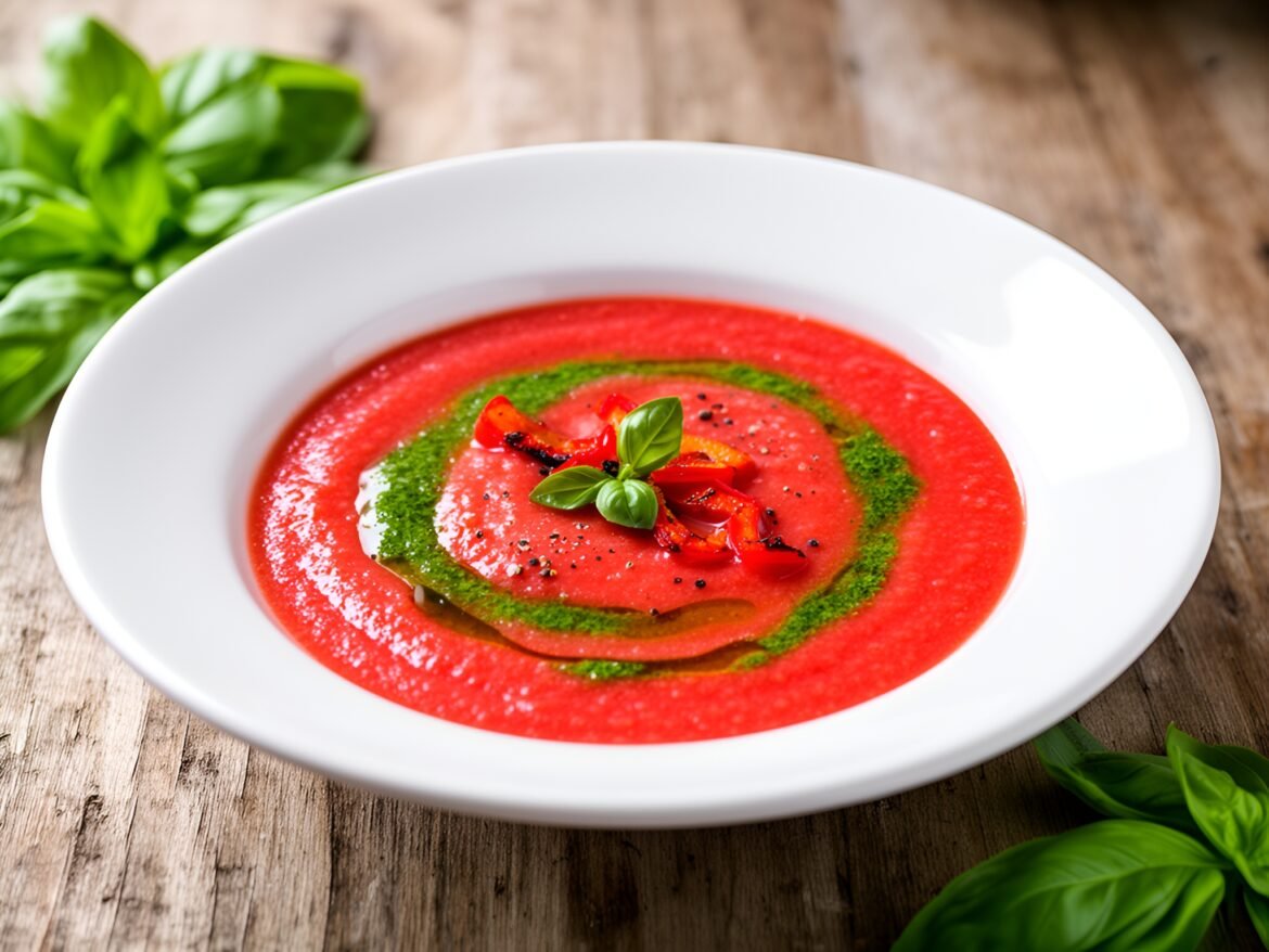 Chilled Roasted Red Pepper and Chickpea Gazpacho with Basil Drizzle
