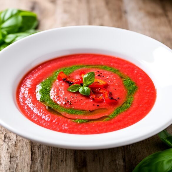 Chilled Roasted Red Pepper and Chickpea Gazpacho with Basil Drizzle