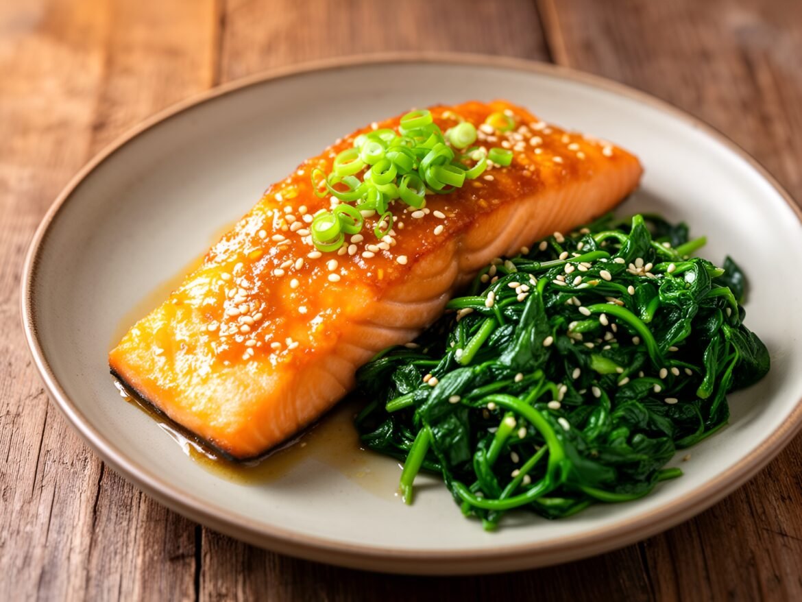 Citrusy Miso-Glazed Salmon with Sautéed Sesame Spinach