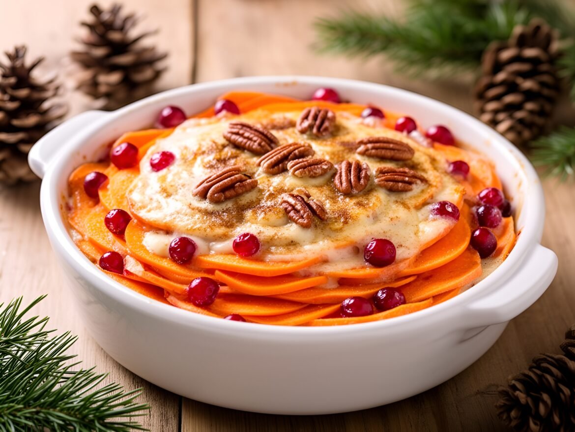 Cranberry-Cinnamon Infused Sweet Potato Gratin