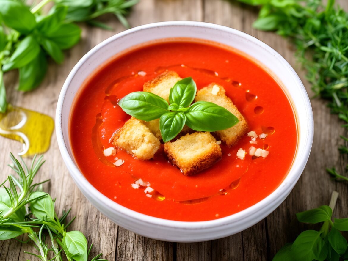 Creamy Tomato-Basil Bliss Soup with Garlic Croutons