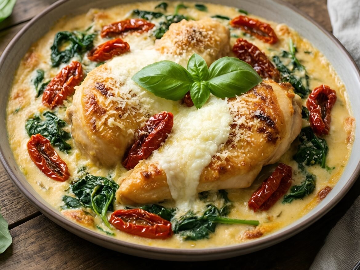 Creamy Tuscan Chicken Bake with Sun-Dried Tomatoes and Spinach