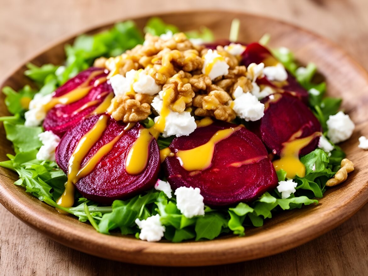 Crisp Honey-Mustard Roasted Beet Salad with Goat Cheese and Walnuts