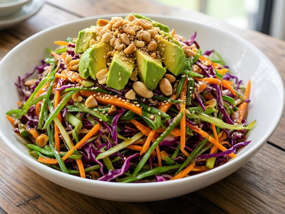 Crispy Asian Slaw with Creamy Avocado and Zesty Sesame-Ginger Dressing