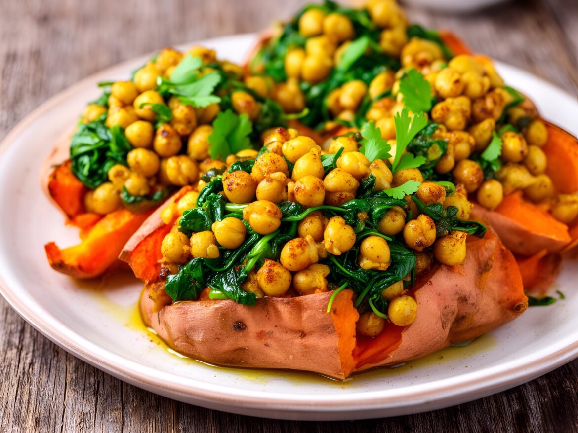 Crispy Chickpea & Spinach Stuffed Sweet Potatoes