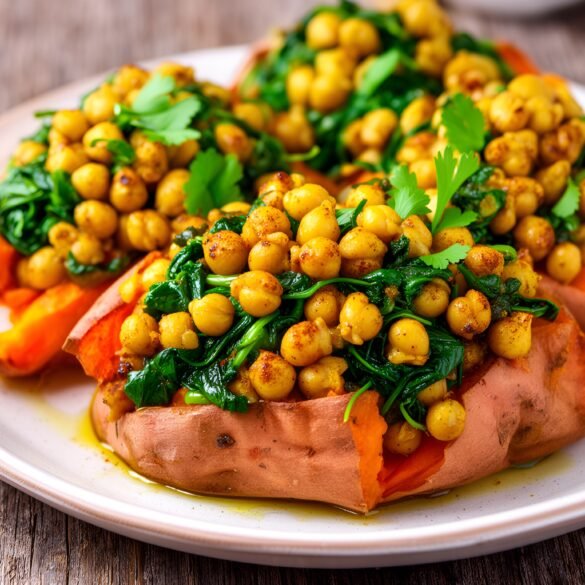 Crispy Chickpea & Spinach Stuffed Sweet Potatoes
