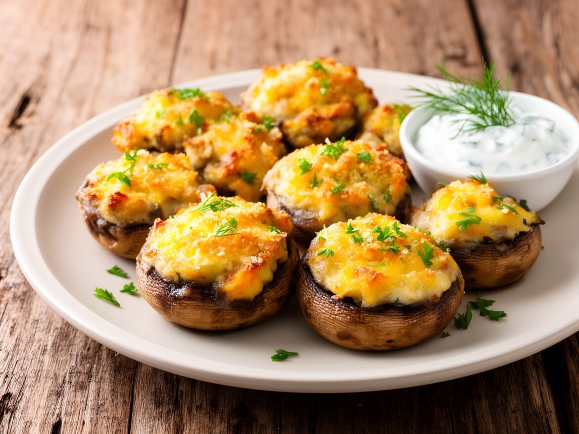 Crispy Garlic-Parmesan Stuffed Mushroom Caps with Herbed Yogurt Dip