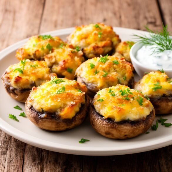 Crispy Garlic-Parmesan Stuffed Mushroom Caps with Herbed Yogurt Dip