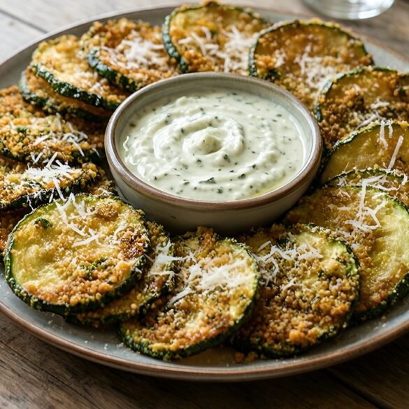 Crispy Garlic Parmesan Zucchini Chips with Herbed Dip