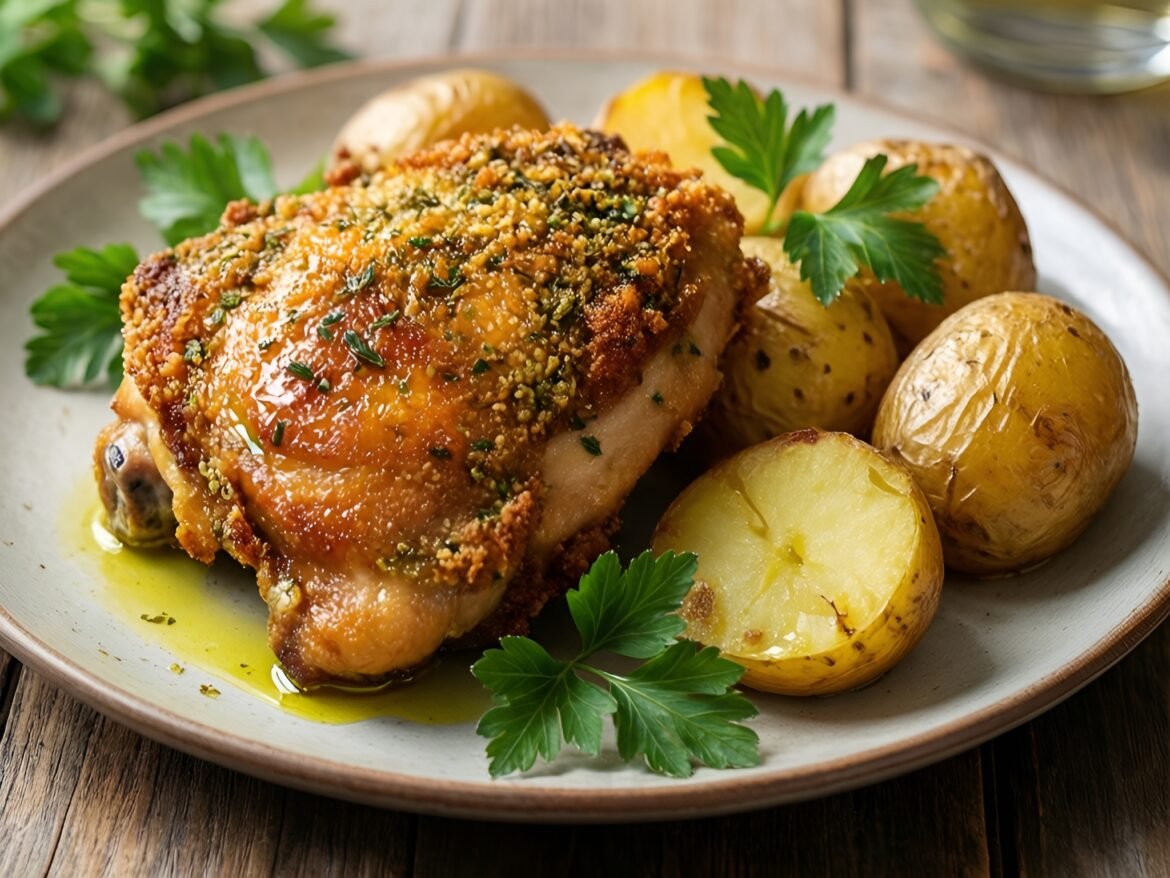 Crispy Herb-Crusted Chicken Thighs with Golden Roasted Garlic Potatoes