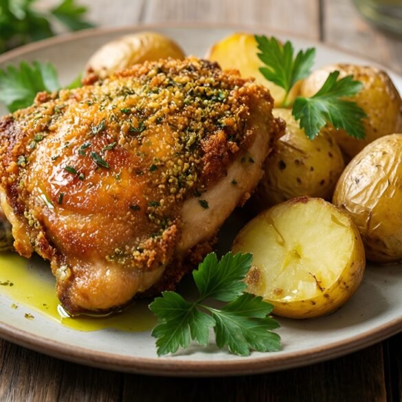 Crispy Herb-Crusted Chicken Thighs with Golden Roasted Garlic Potatoes