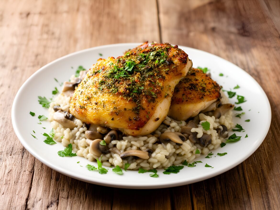 Crispy Herb-Crusted Chicken Thighs with Silky Mushroom Risotto