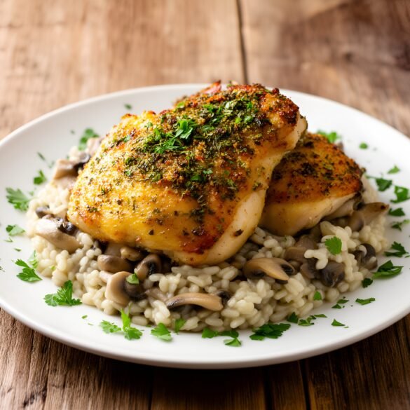 Crispy Herb-Crusted Chicken Thighs with Silky Mushroom Risotto