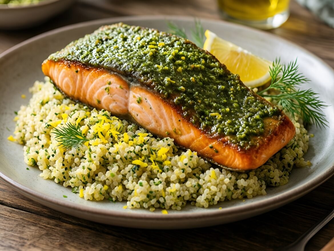 Crispy Pesto-Crusted Salmon with Lemon Dill Quinoa