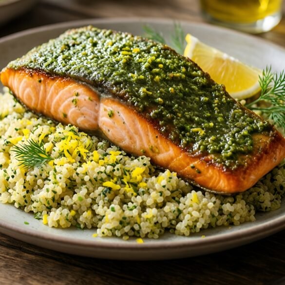 Crispy Pesto-Crusted Salmon with Lemon Dill Quinoa