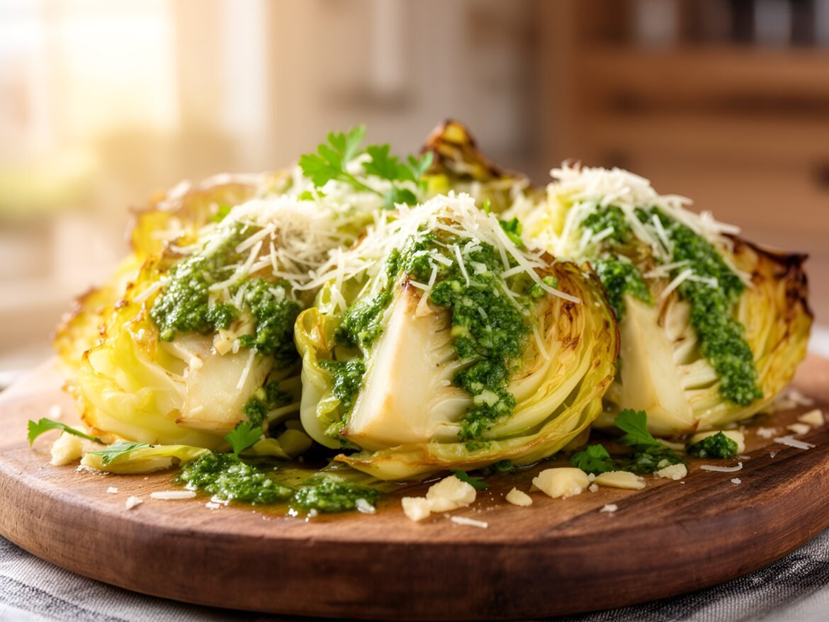 Crispy Roasted Garlic Parmesan Cabbage Wedges with Zesty Salsa Verde