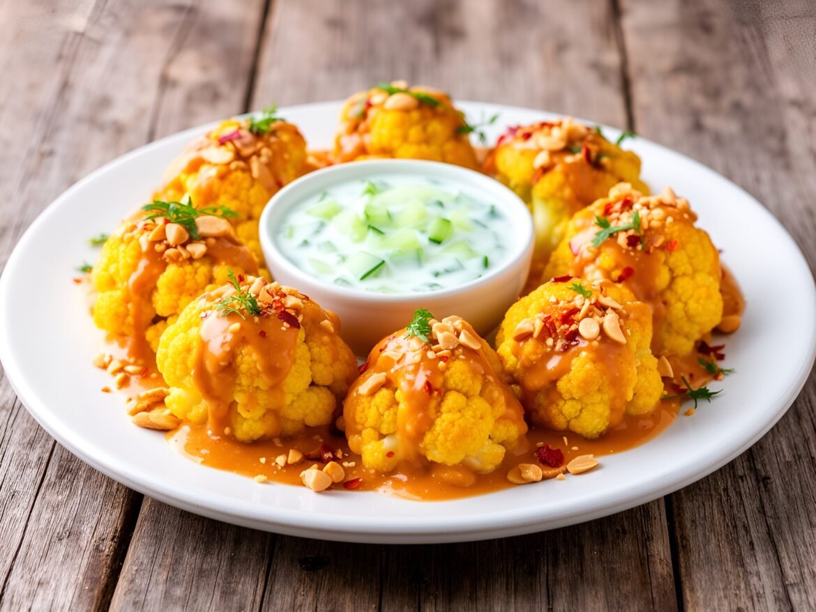 Crispy Spicy Thai Peanut Cauliflower Bites with Cool Cucumber Yogurt Dip