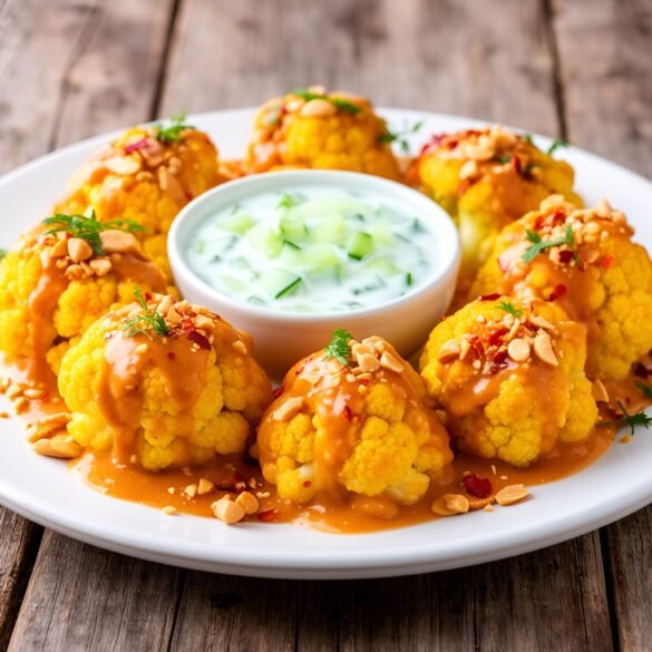 Crispy Spicy Thai Peanut Cauliflower Bites with Cool Cucumber Yogurt Dip