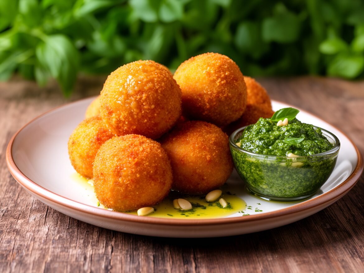 Crispy Stuffed Arancini with Herb Pesto