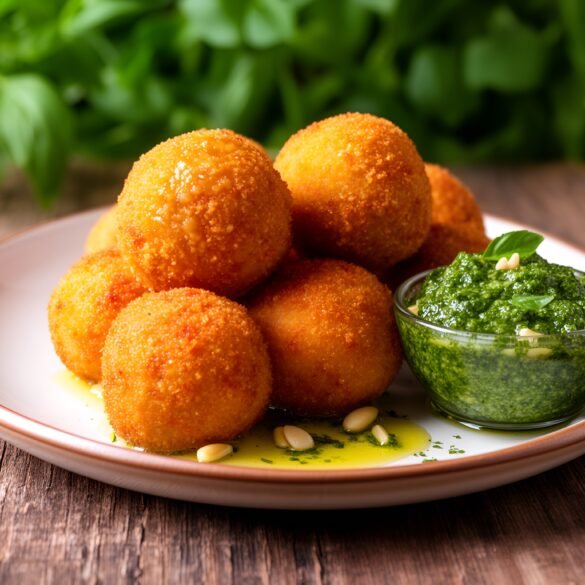 Crispy Stuffed Arancini with Herb Pesto