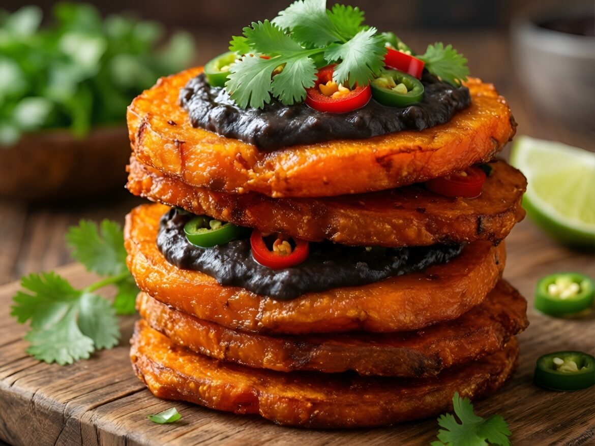 Crispy Sweet Potato Nacho Stackers with Spicy Black Bean Cream