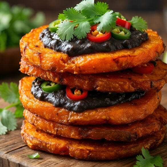 Crispy Sweet Potato Nacho Stackers with Spicy Black Bean Cream