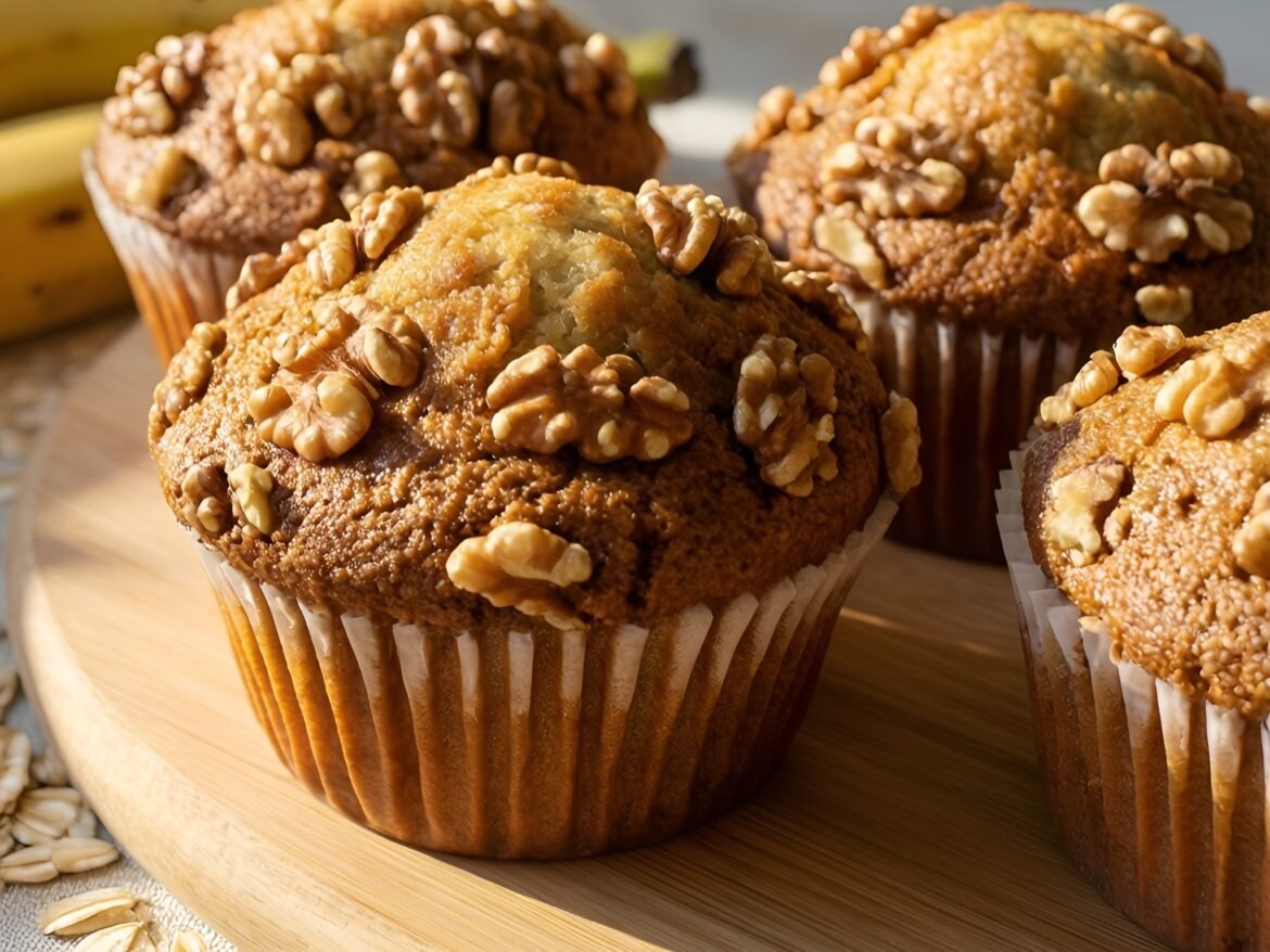 Crunchy Banana-Oatmeal Breakfast Muffins with Walnuts