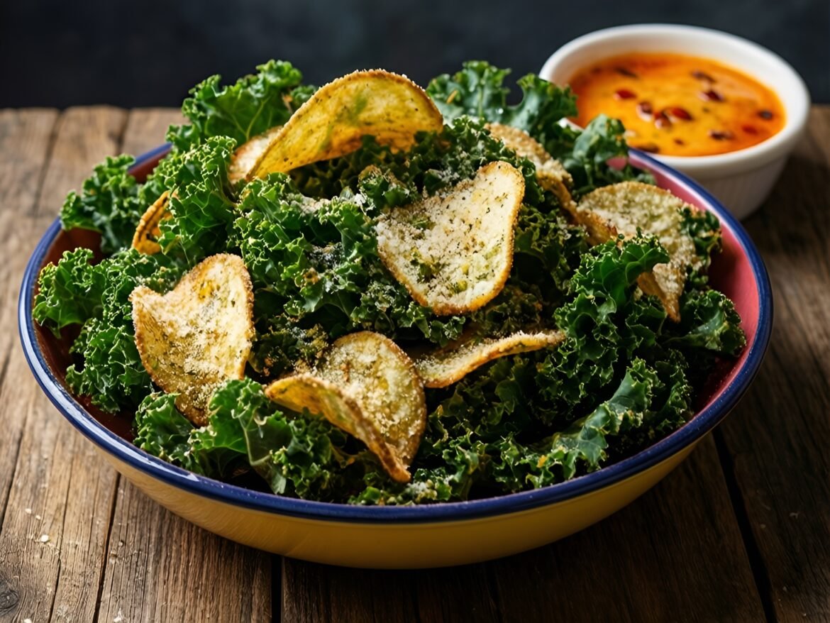 Crunchy Parmesan Kale Chips with Fiery Dipping Sauce