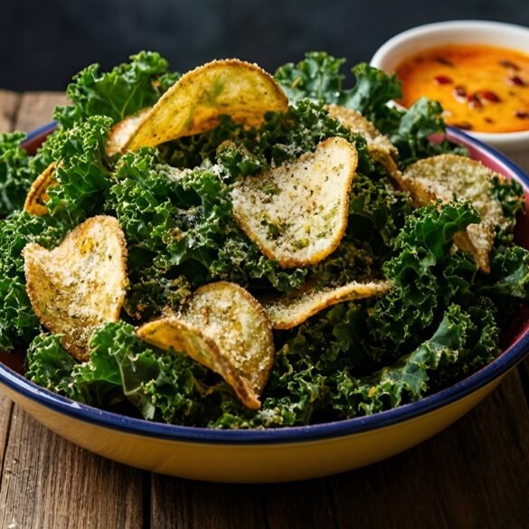Crunchy Parmesan Kale Chips with Fiery Dipping Sauce
