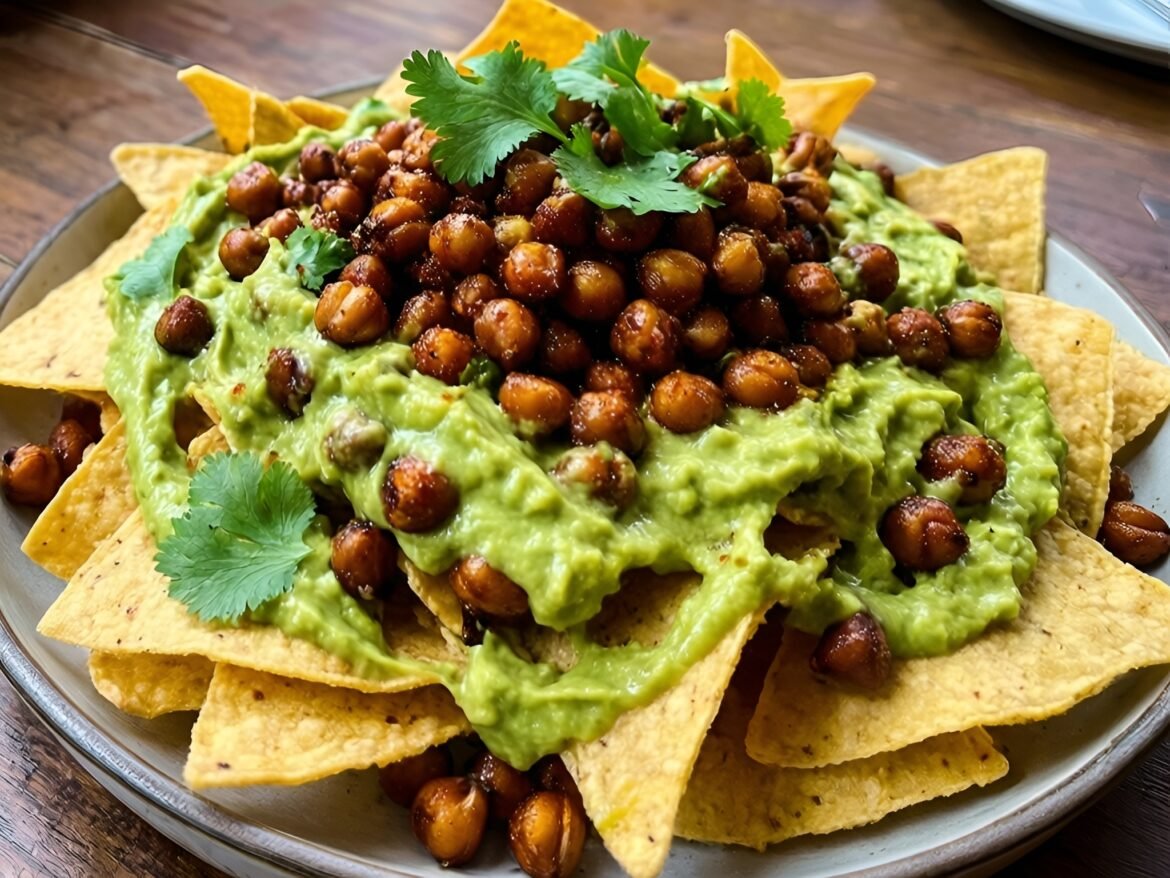 Crunchy Roasted Chickpea Nachos with Avocado Drizzle