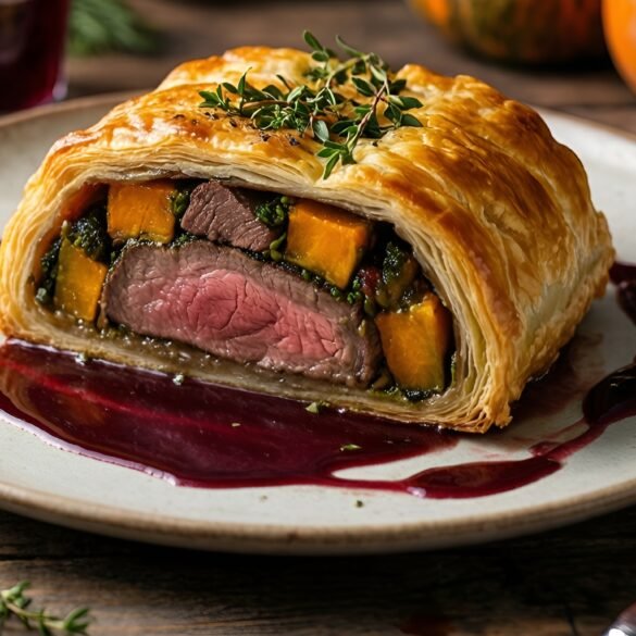 Decadent Herb-Crusted Beef and Butternut Squash Wellington with Rich Red Wine Reduction