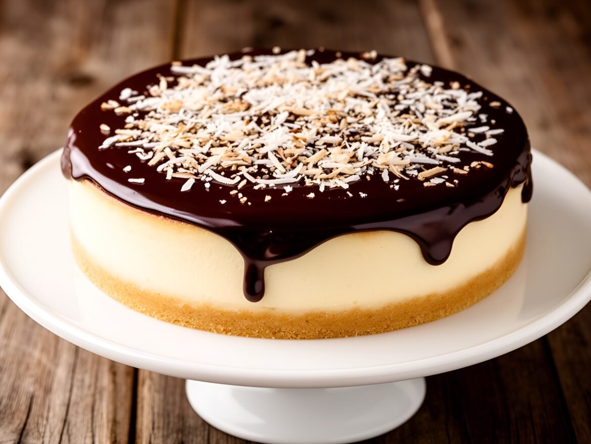 Decadent Velvet Almond Joy Cheesecake with Chocolate Ganache