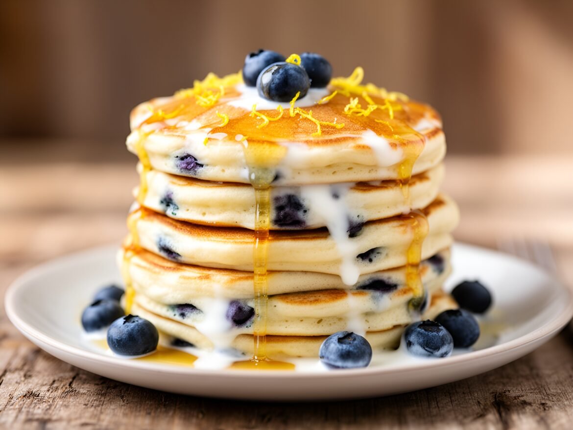 Fluffy Lemon-Blueberry Quinoa Pancakes with Honey Yogurt Drizzle