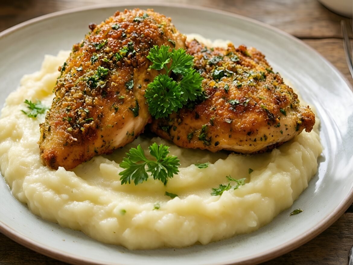 Garlic-Herb Crusted Chicken with Silky Cauliflower Purée