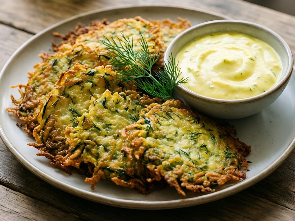 Golden Crispy Zucchini Fritters with Zesty Lemon-Dill Sauce