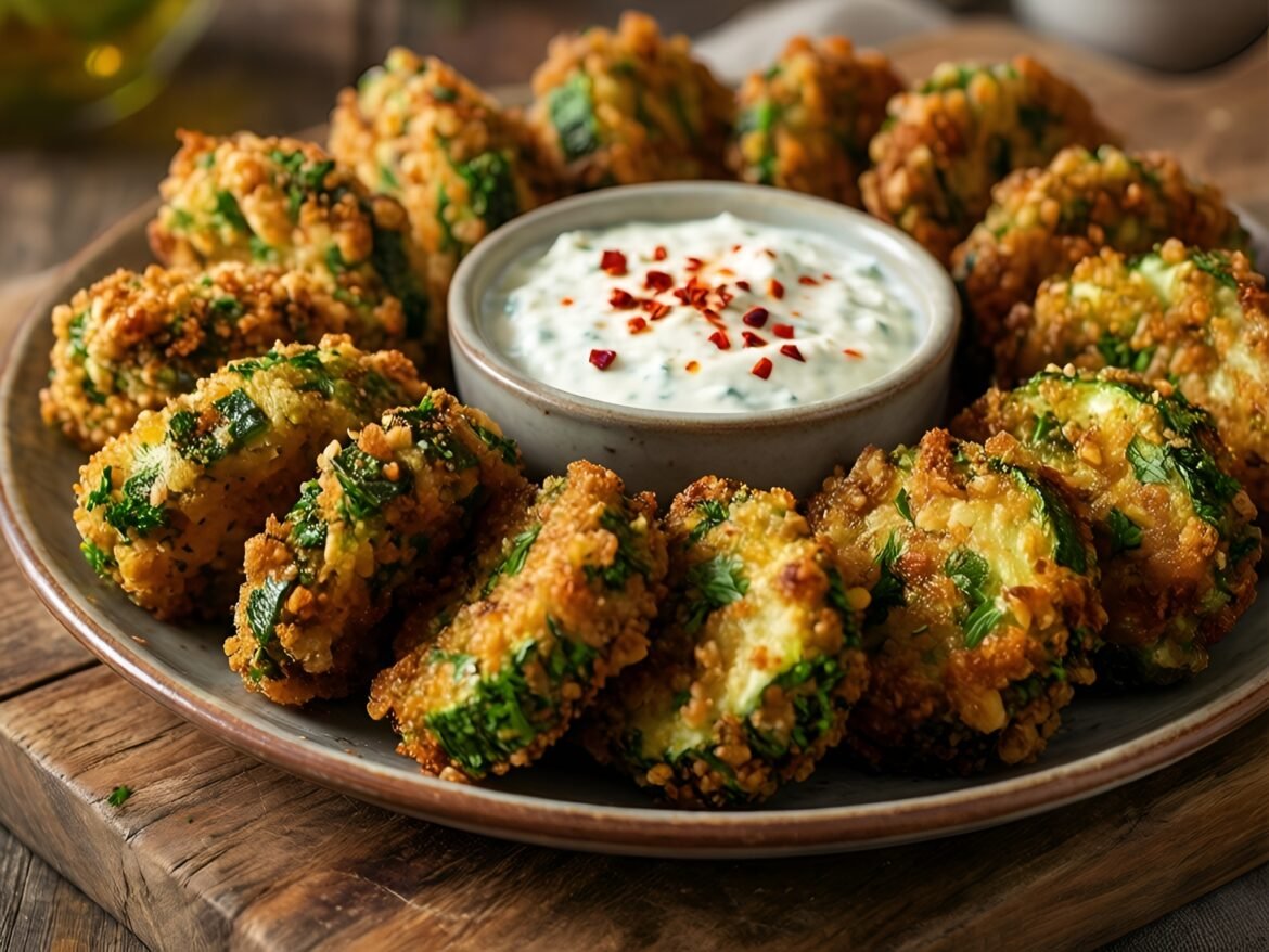 Golden Crispy Zucchini-Walnut Bites with Fiery Feta Dip