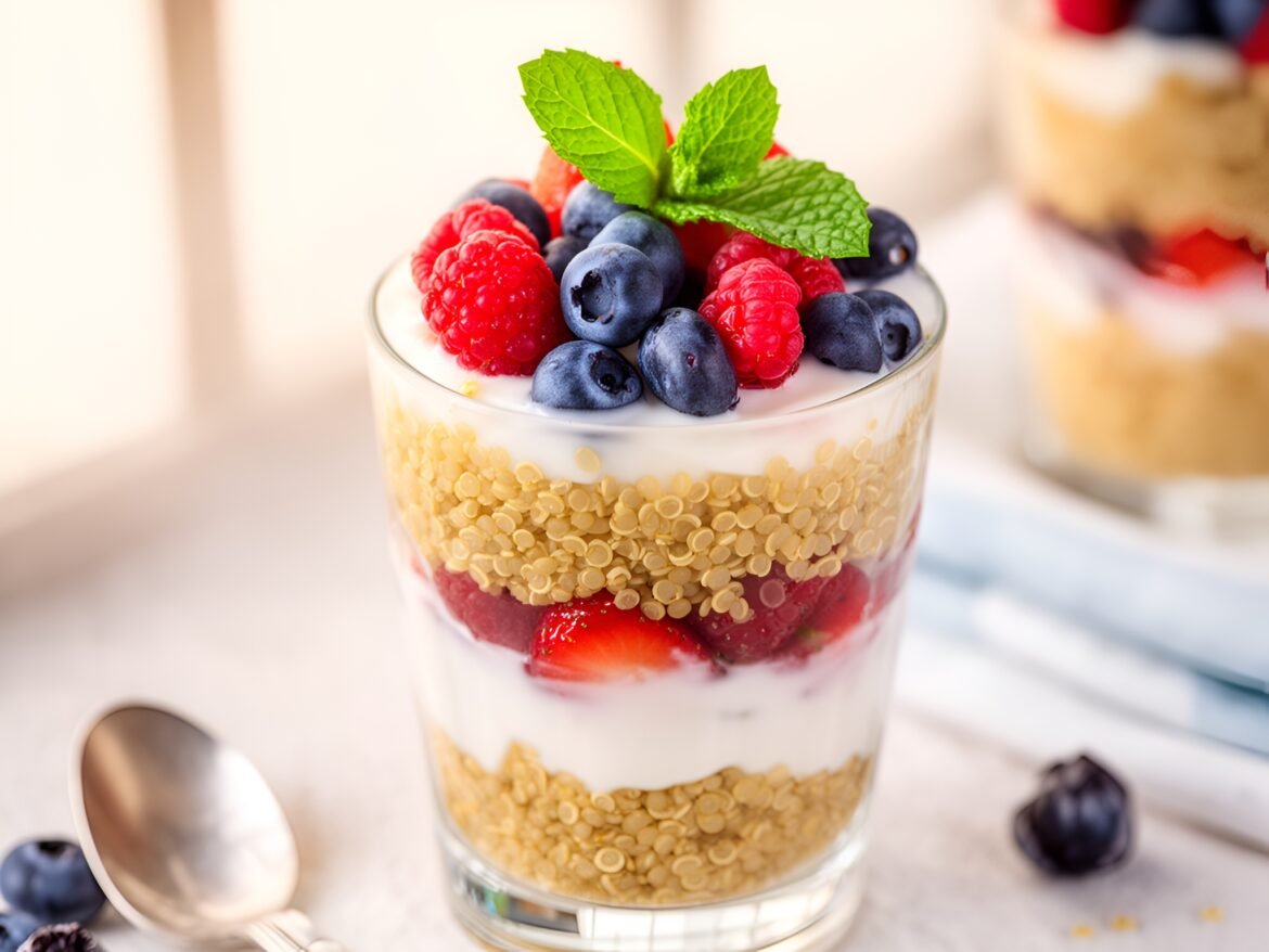 Golden Honeyed Quinoa Breakfast Parfait with Fresh Berries