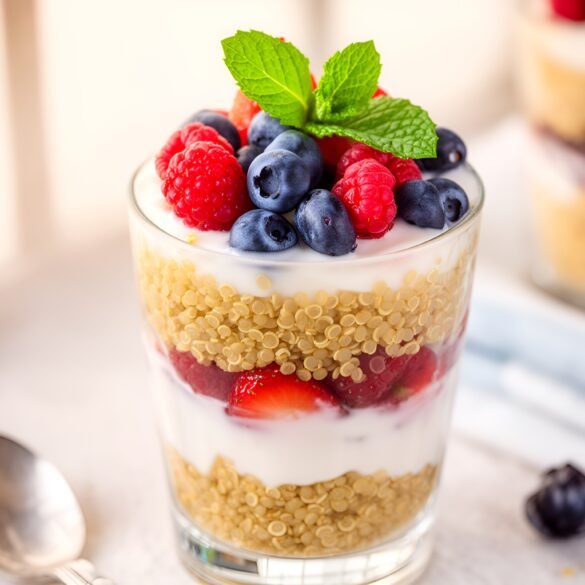 Golden Honeyed Quinoa Breakfast Parfait with Fresh Berries