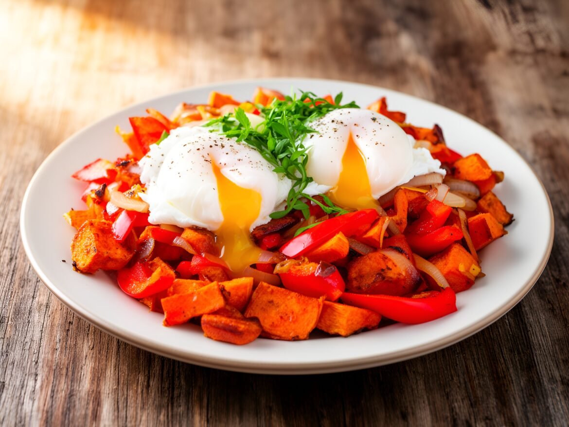 Hearty Savory Sweet Potato Breakfast Hash with Poached Eggs