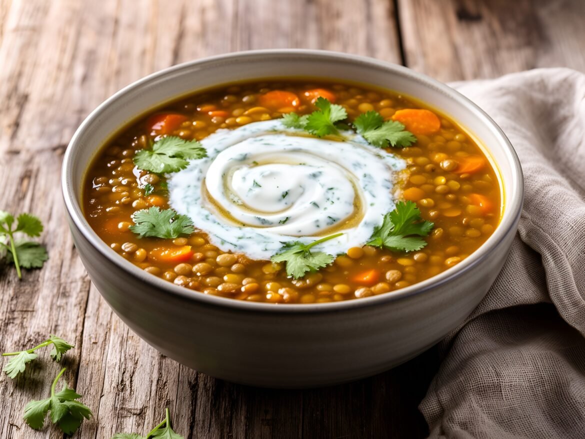 Hearty Spiced Lentil and Carrot Soup with Cilantro Yogurt Swirl