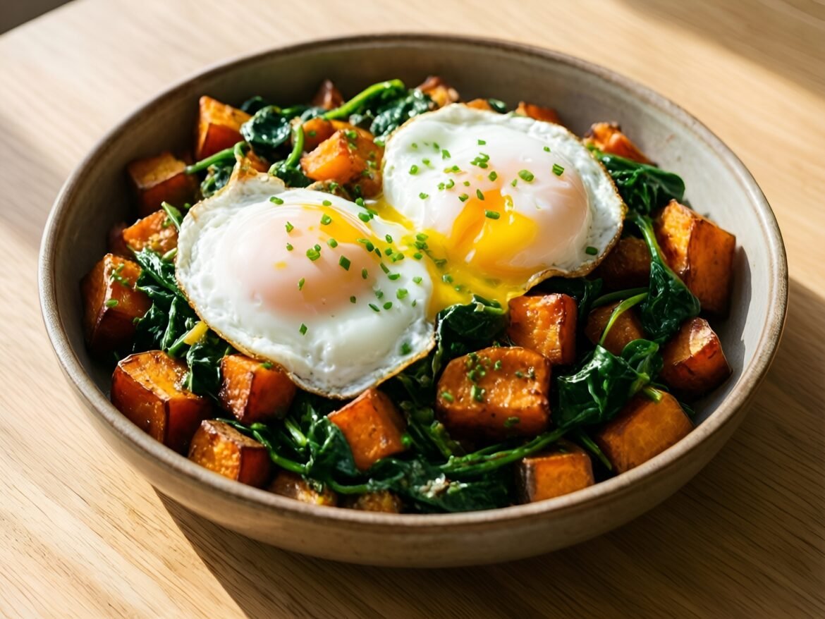 Hearty Sweet Potato & Spinach Breakfast Hash with Poached Eggs