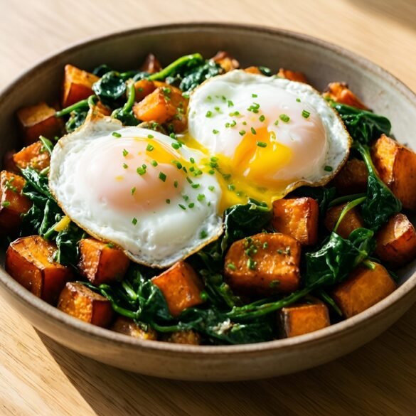 Hearty Sweet Potato & Spinach Breakfast Hash with Poached Eggs